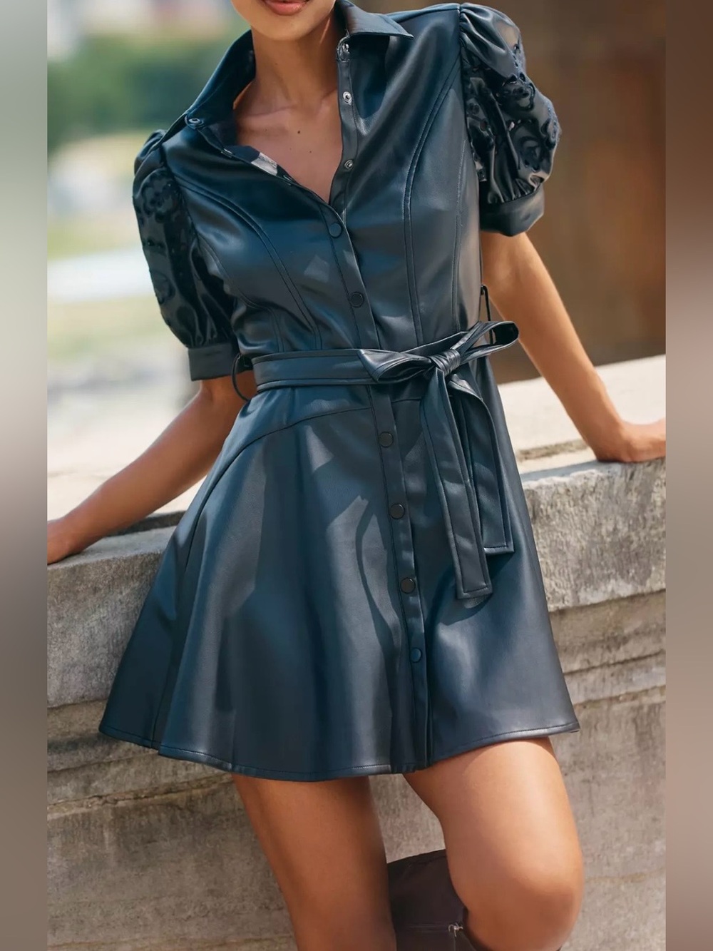 NWT En Saison Nelly Black Faux Leather Mini Dress
